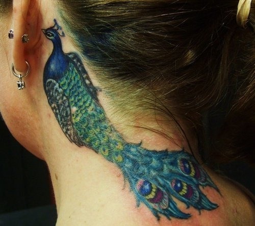 A colorful peacock-Insane Neck Tattoos