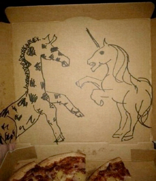 Giraffe And Unicorn-Funny "Special Request" Pizza Box Drawings