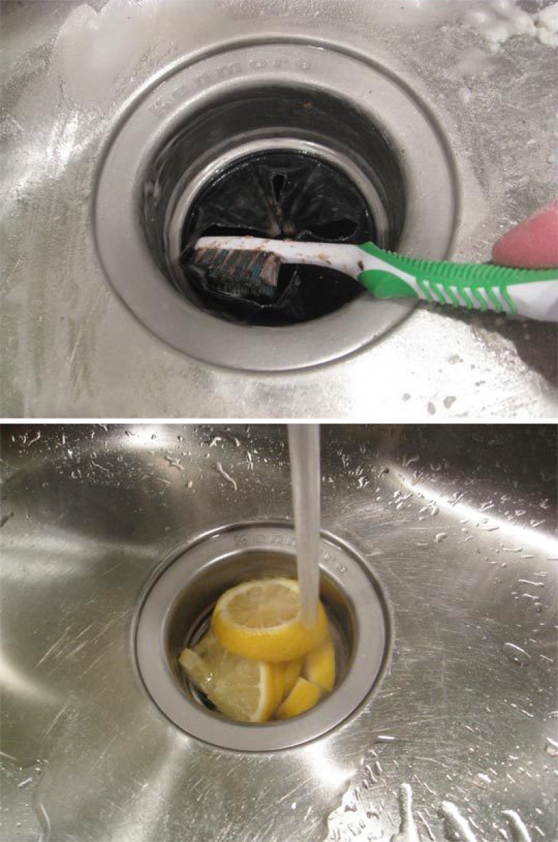 Lemon + Baking Soda + Vinegar + Tooth brush = Clean Sink-15 Home Cleaning Hacks That Make Cleaning Easy