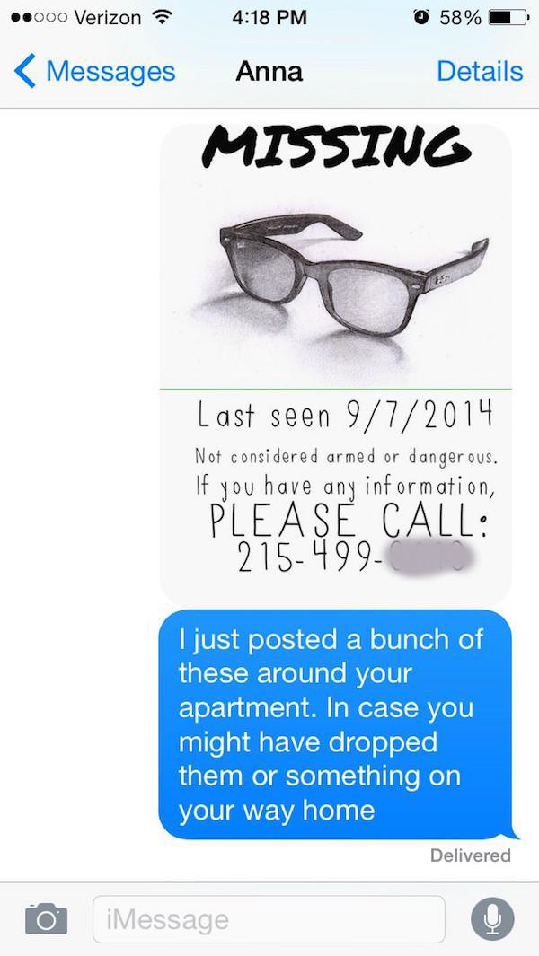 He is Crazy-Guy Whose Sunglasses Got Stolen After A One Nightstand Texts The Girl For A Year.