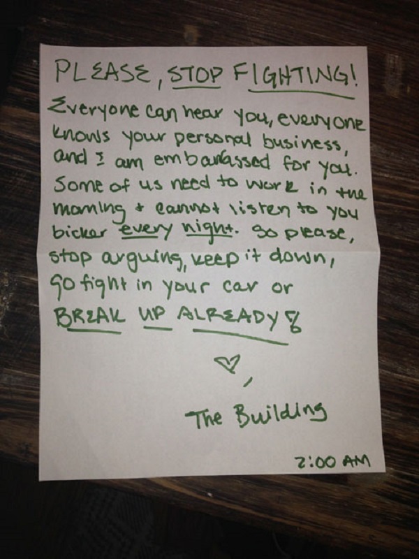 A Note to Couple Who Doesn't Stop Fighting-15 Aggressive Notes Left For Stupid Neighbors