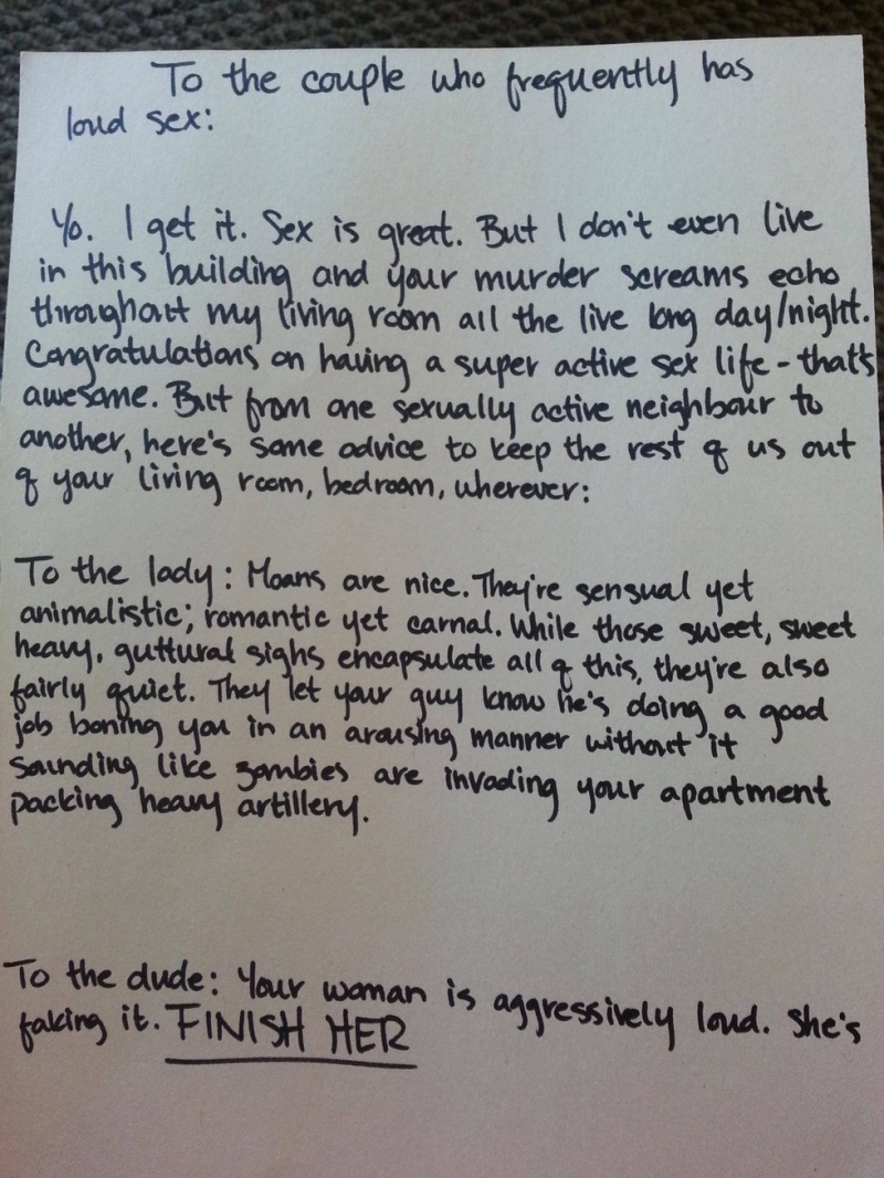A Note with Expert Advice-15 Funniest Notes Ever Left For Neighbors Having Sex Very Loud