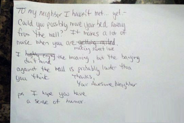 A Note to a New Neighbor-15 Funniest Notes Ever Left For Neighbors Having Sex Very Loud