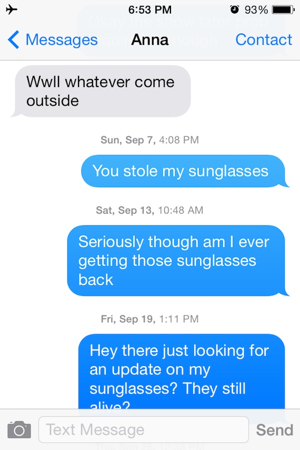 This is How it All Begin-Guy Whose Sunglasses Got Stolen After A One Nightstand Texts The Girl For A Year.