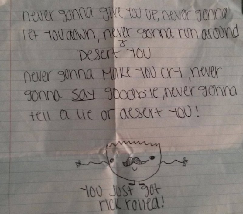 This Funny Note with Rick Astley Lyrics -15 Hilarious Notes Ever Caught By Teachers
